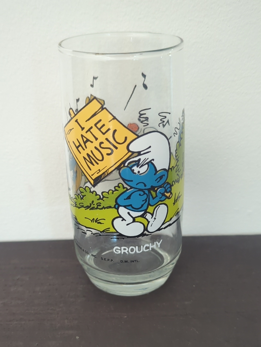 Vintage 1982 Peyo - Grouchy - Smurf Drinking Glass Cup Smurfs